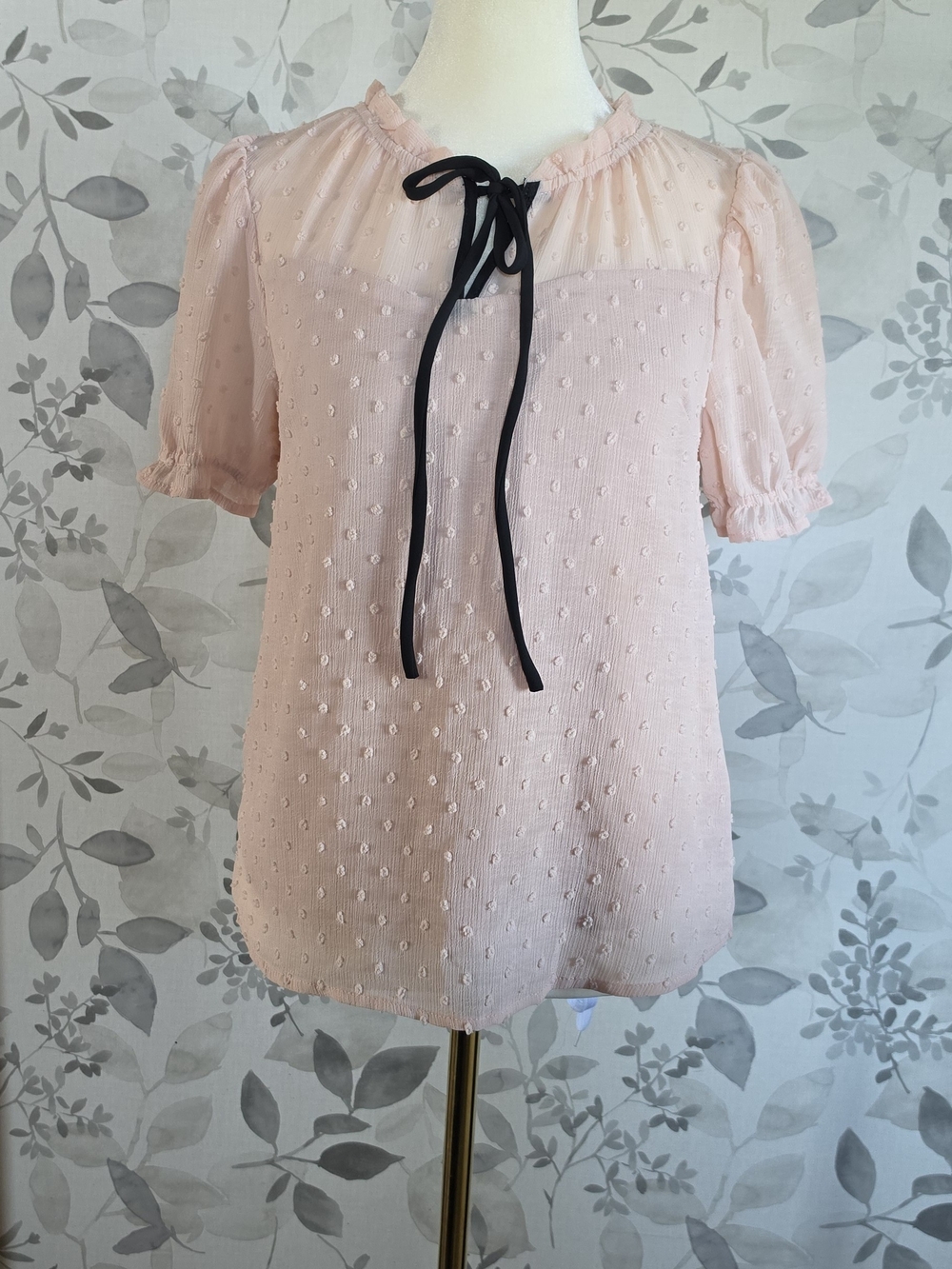 Monteau Light Pink Swiss Dot Tie-Neck Blouse with Black Ribbon
